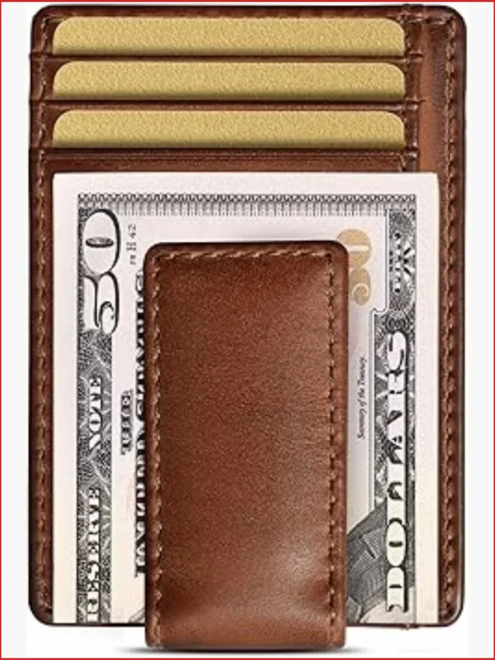 Slim Money Clip Wallet with Magnetic Clip, Full Grain Leather, 9 Card Holder,